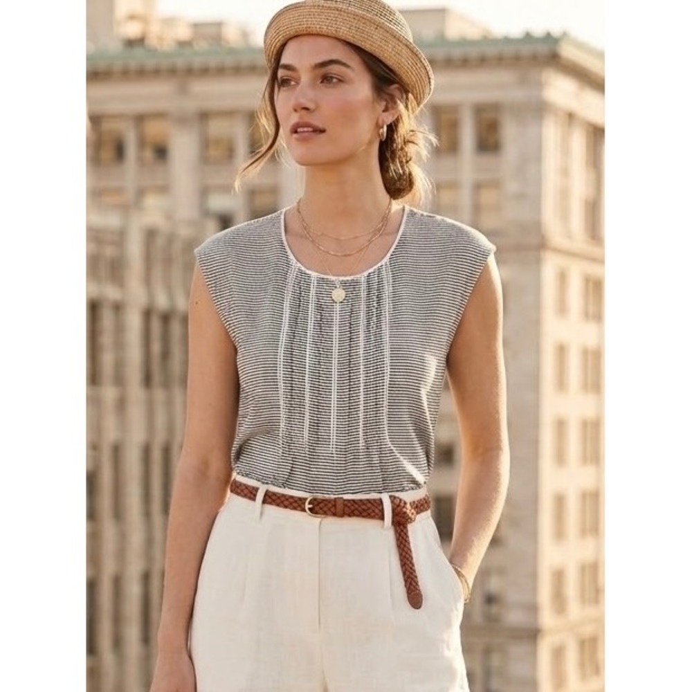 Akemi + Kin Anthropologie Striped Pintuck Lace Trim Tank Top Black White Medium
